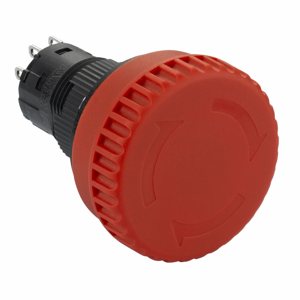 BOTAO 16MM PLASTICO EMERGENCIA GIRAR PUXAR DESTRAVAR LED 24V 2NF XB6ETI523P