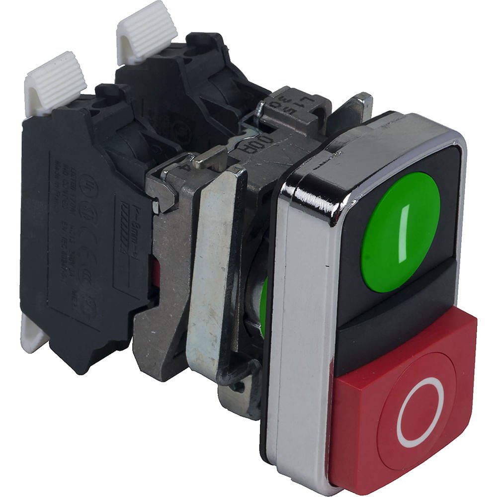 BOTÃO DUPLO Ø22MM METÁLICO, RETORNO POR MOLA, VERDE+VERMELHO, NA+NF XB4BL73415