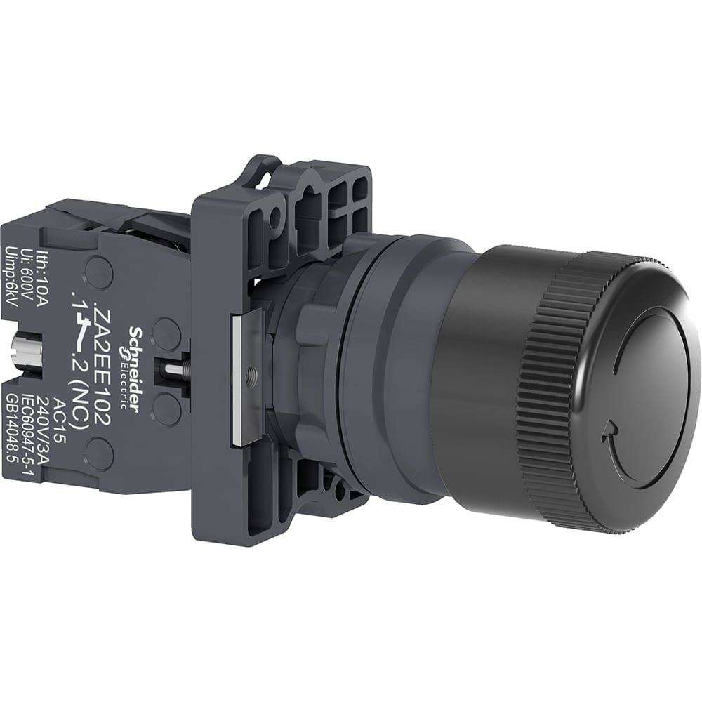 BOTÃO 22MM PLÁSTICO SOCO DE PARADA D30MM GIRAR PRETO 1NF XA2ES422