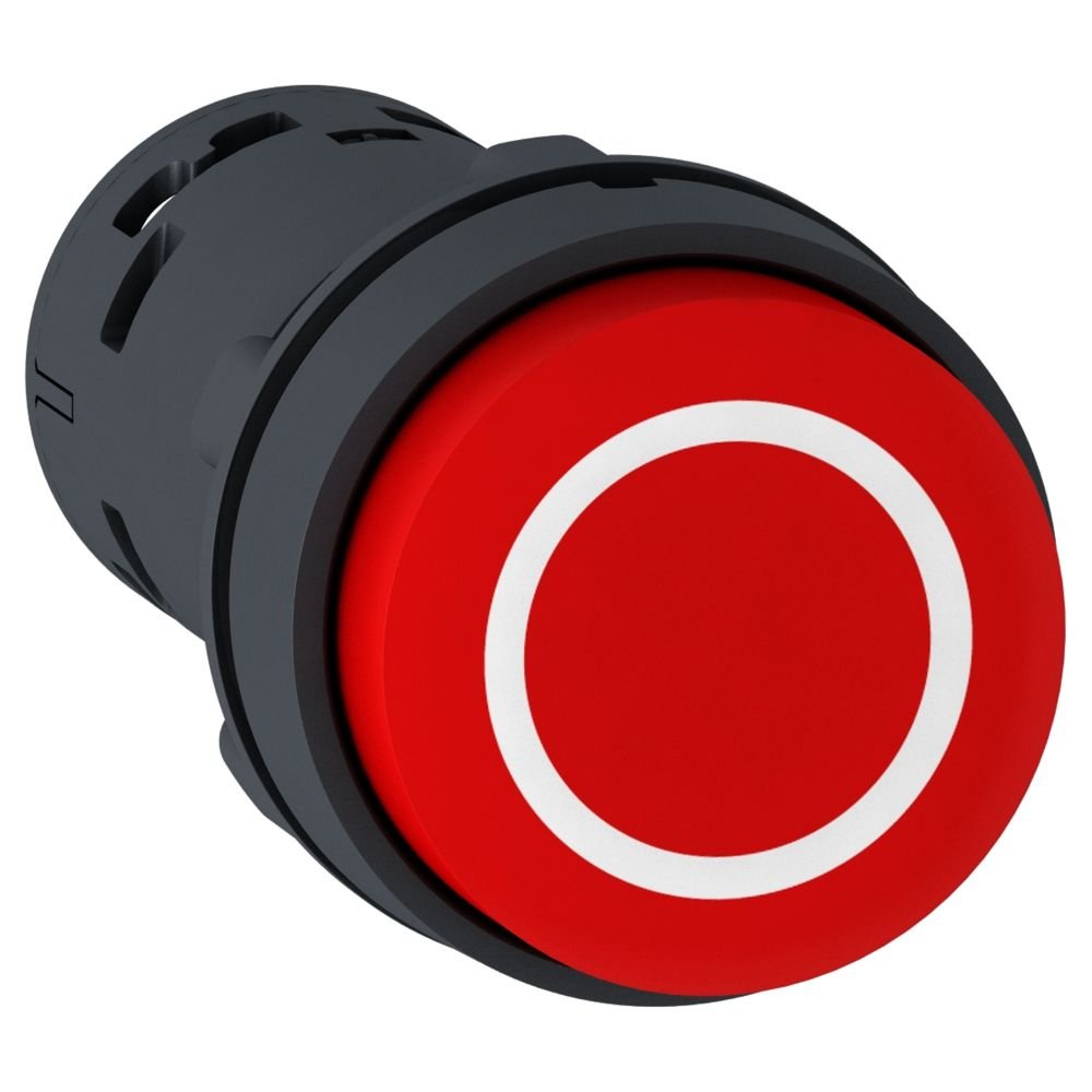 BOTÃO MONOBLOCO Ø22MM PLÁSTICO SALIENTE, RETORNO POR MOLA, VERMELHO, O, NA+NF