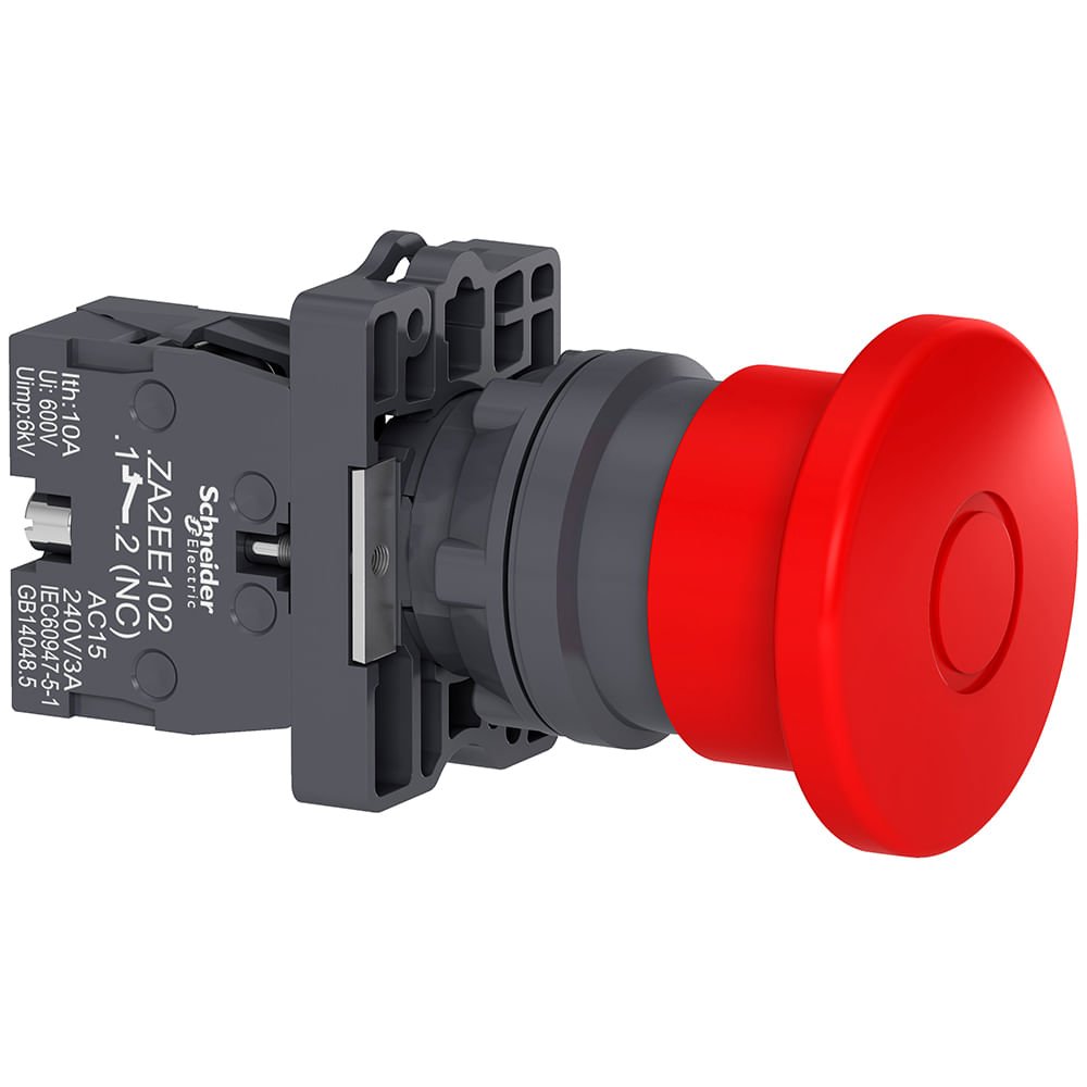 BOTÃO Ø22MM PLÁSTICO, EMERGÊNCIA, COGUMELO Ø40MM, VERMELHO, NF XA2ET42