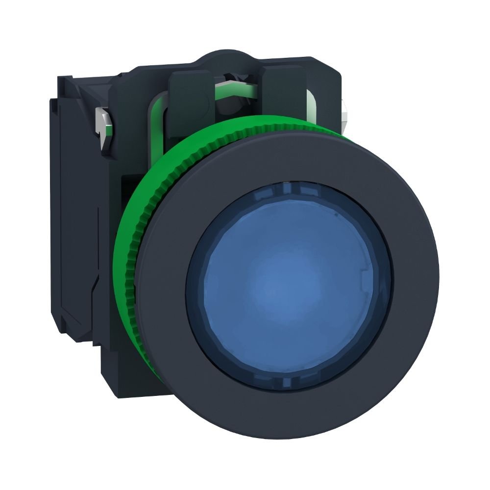 BOTÃO ANTIMICROBIANO LUMINOSO FACEADO Ø30MM PLÁSTICO, RETORNO POR MOLA, AZUL, NA+NF, 24VCA/CC
